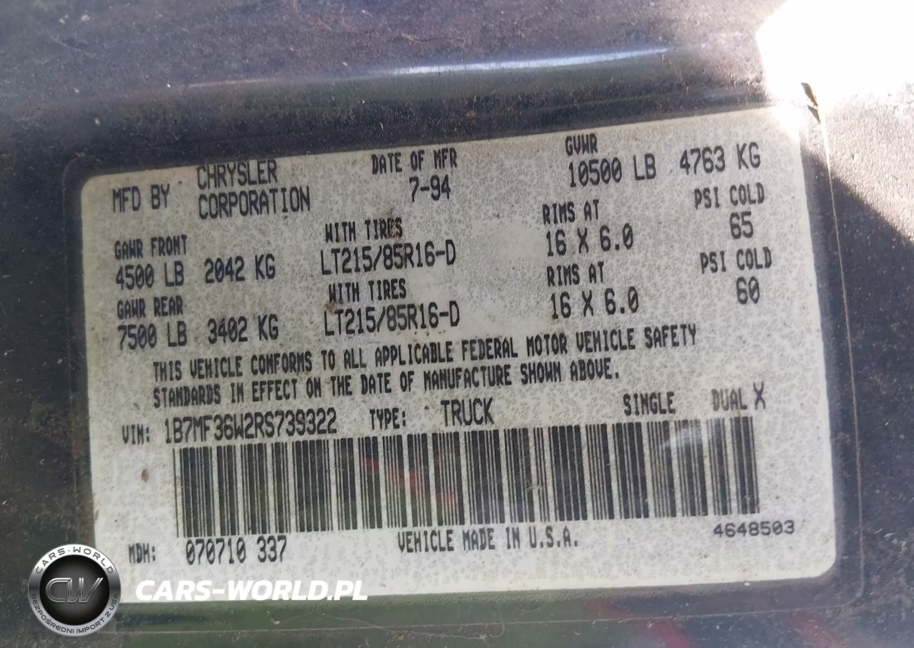 1994 Dodge Ram 3500 VIN:1B7MF36W2RS739322 - 9