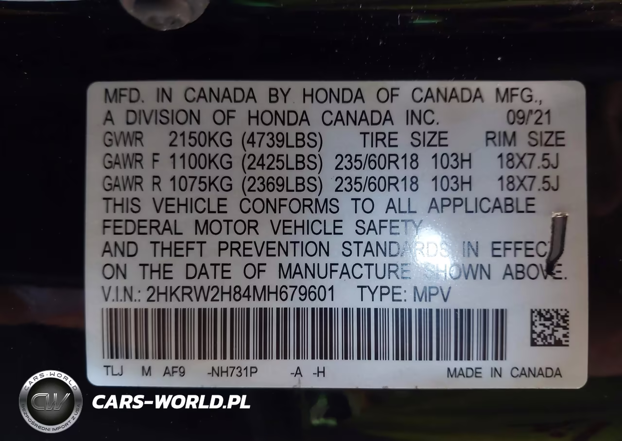 2021 Honda Cr-V Awd Ex-L VIN:2HKRW2H84MH679601 - 9
