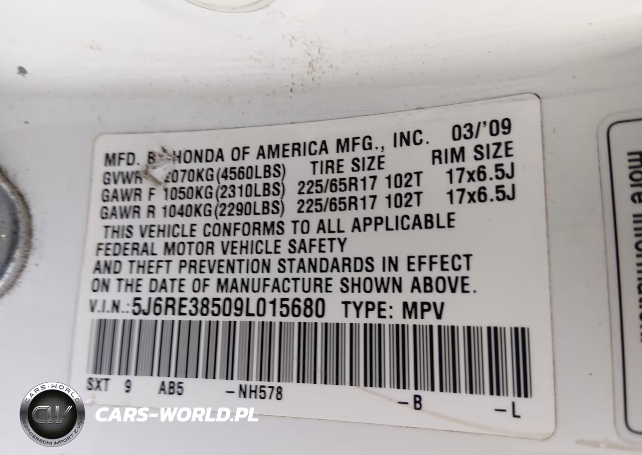 2009 Honda Cr-V Ex VIN:5J6RE38509L015680 - 9