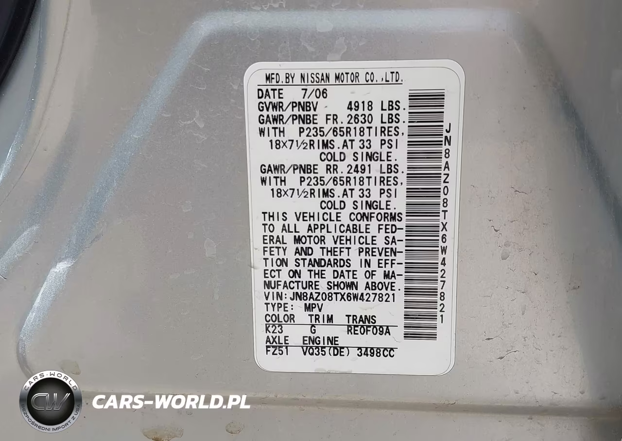 2006 Nissan Murano S VIN:JN8AZ08TX6W427821 - 9