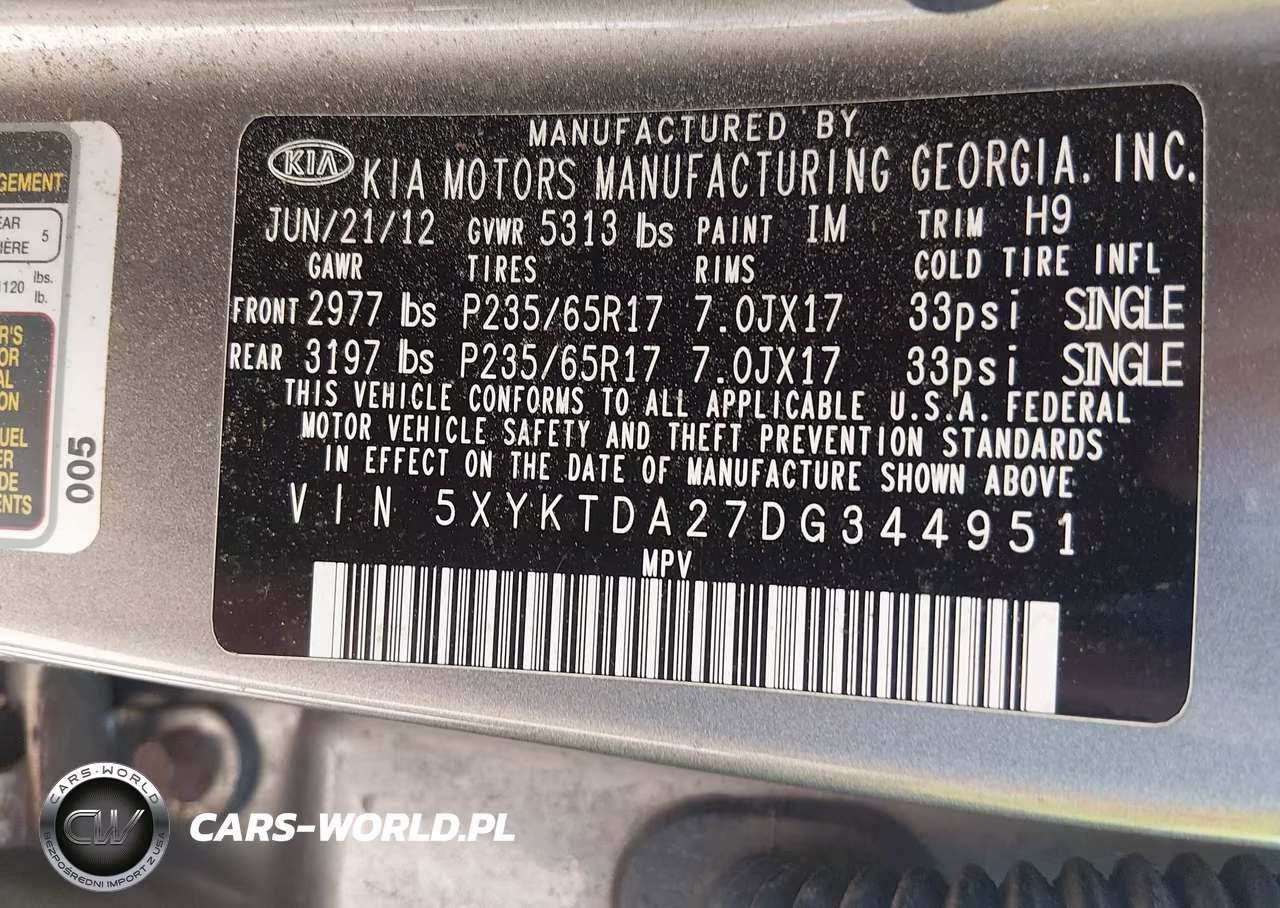 2013 Kia Sorento Lx V6 VIN:5XYKTDA27DG344951 - 9