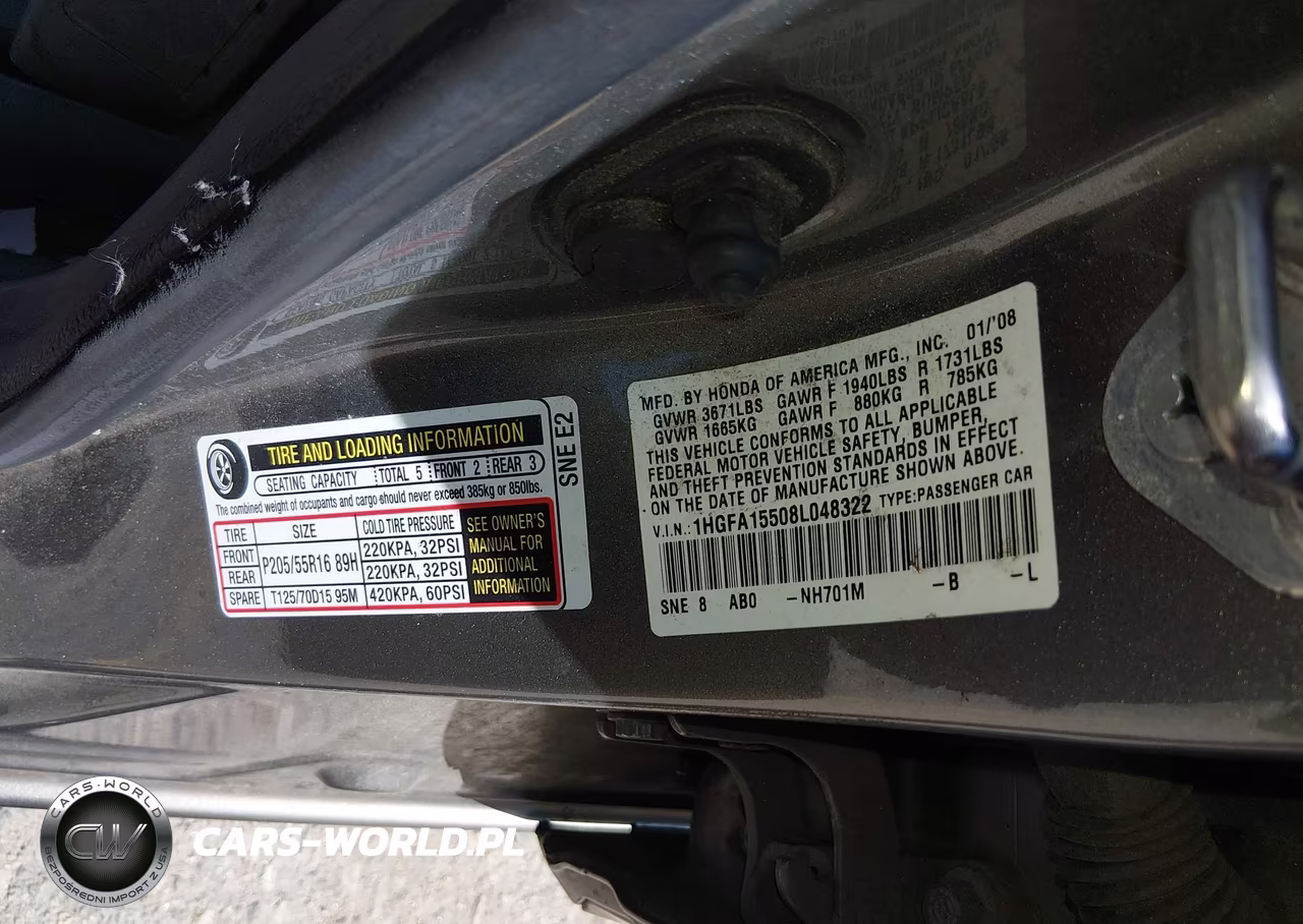 2008 Honda Civic Lx VIN:1HGFA15508L048322 - 9