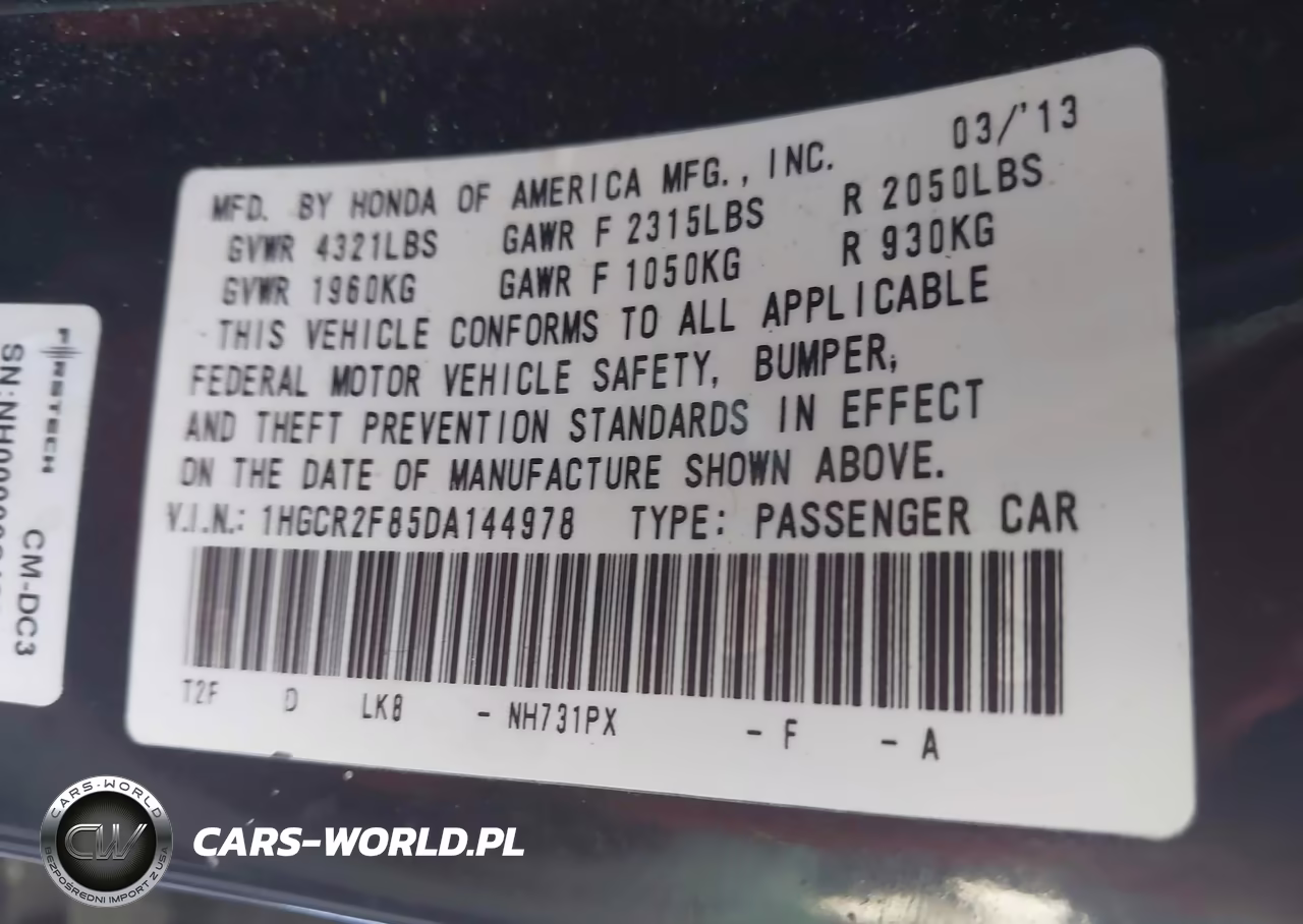 HONDA ACCORD EXL VIN:1HGCR2F85DA144978 - 9