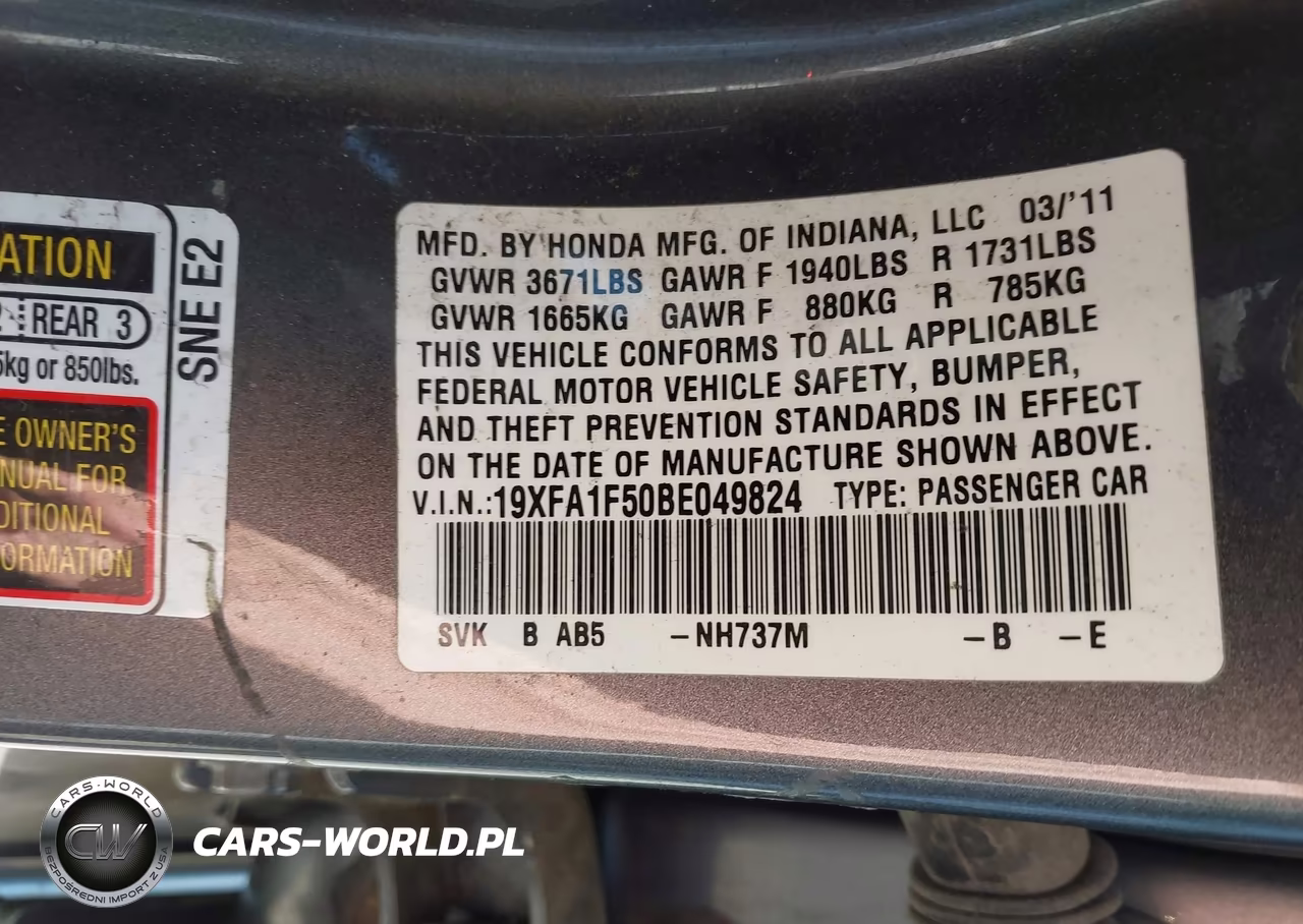 2011 Honda Civic Lx VIN:19XFA1F50BE049824 - 9