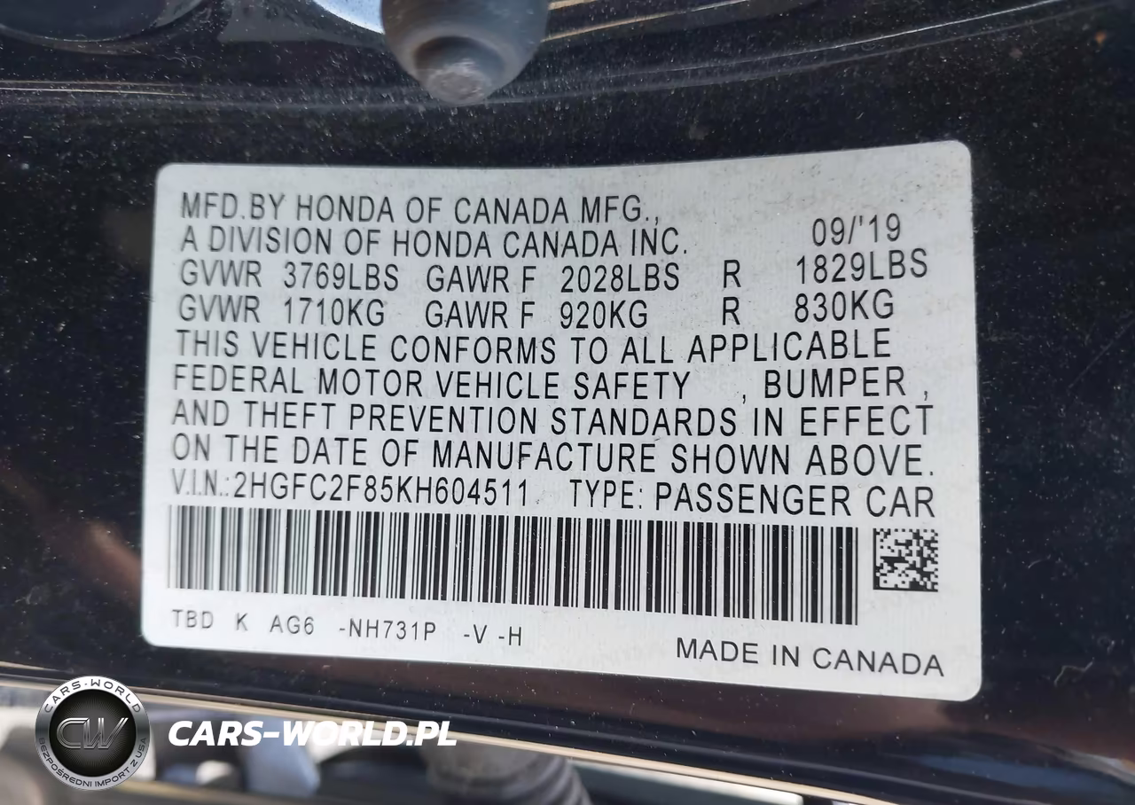 2019 Honda Civic Sport VIN:2HGFC2F85KH604511 - 9