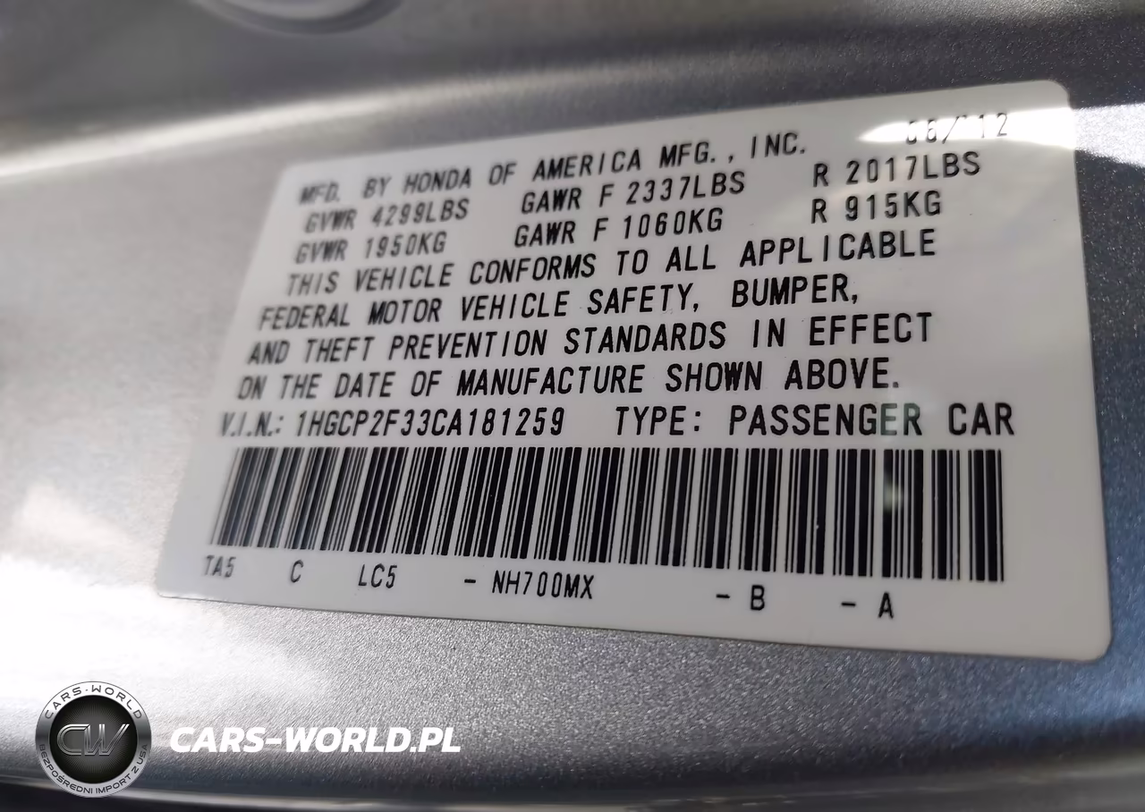 2012 Honda Accord 2.4 Lx VIN:1HGCP2F33CA181259 - 9