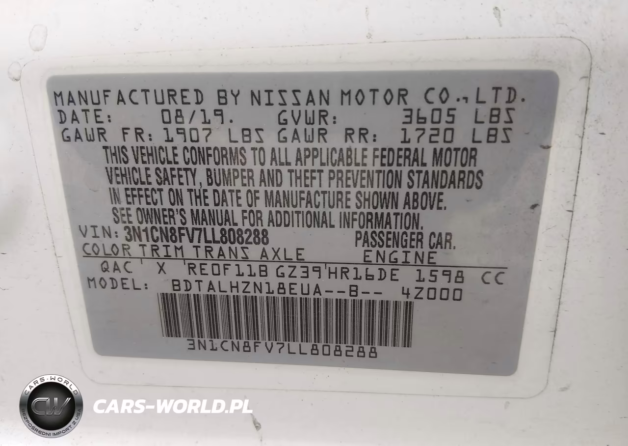 2020 Nissan Versa Sr Xtronic Cvt VIN:3N1CN8FV7LL808288 - 9