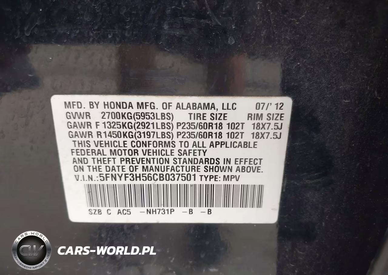 2012 Honda Pilot Ex-L VIN:5FNYF3H56CB037501 - 9