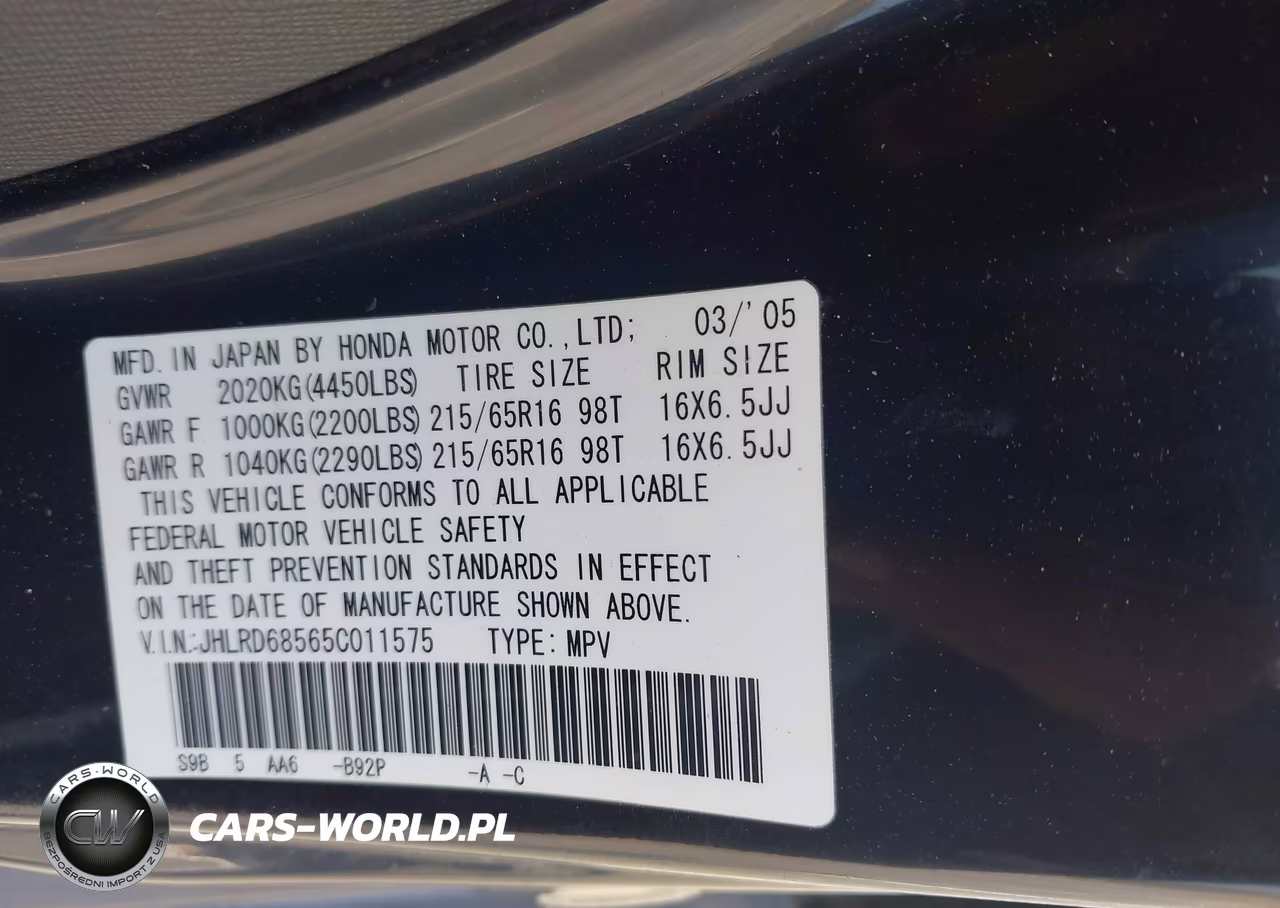 2005 Honda Cr-V Lx VIN:JHLRD68565C011575 - 9