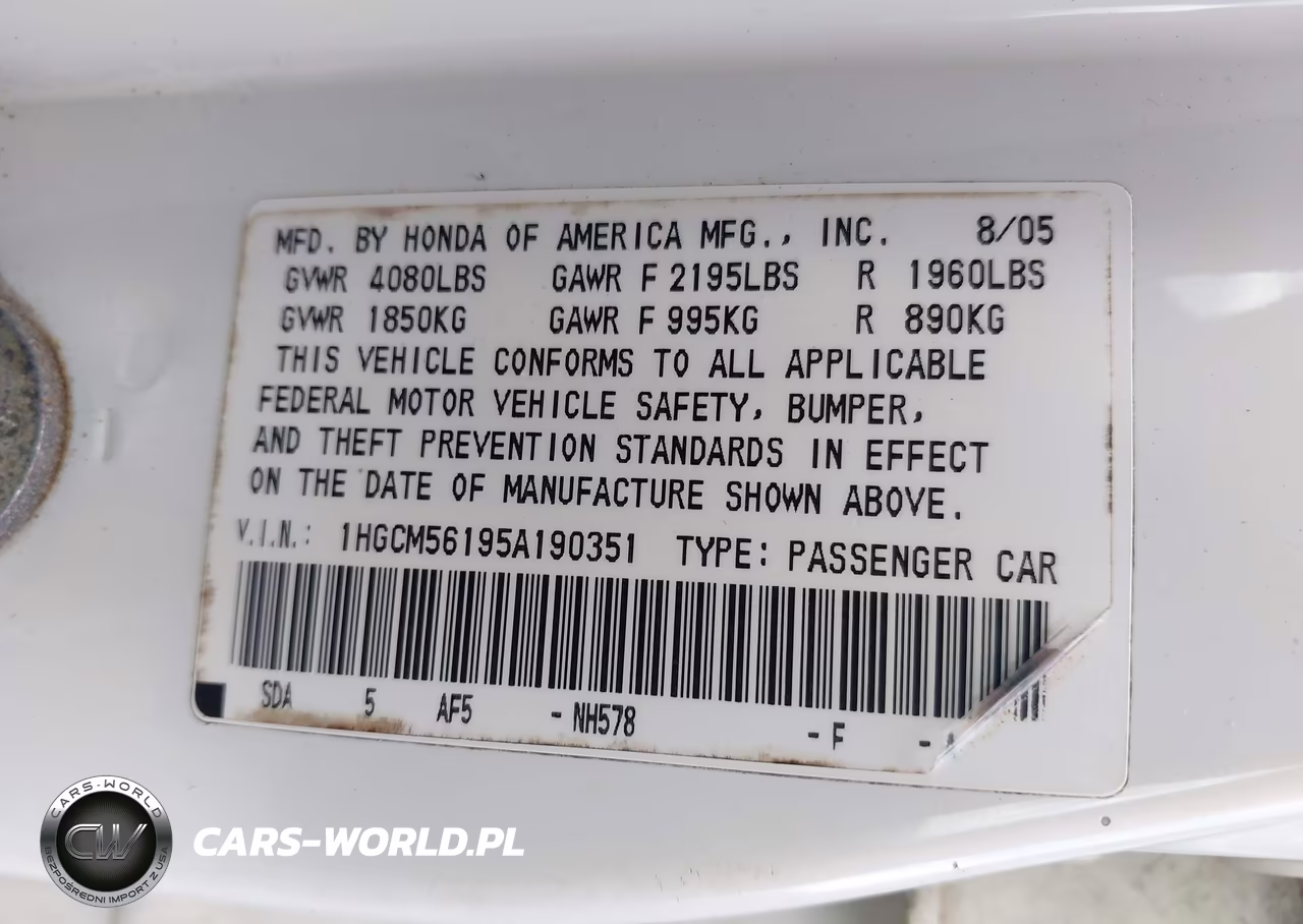 2005 Honda Accord 2.4 Dx VIN:1HGCM56195A190351 - 9