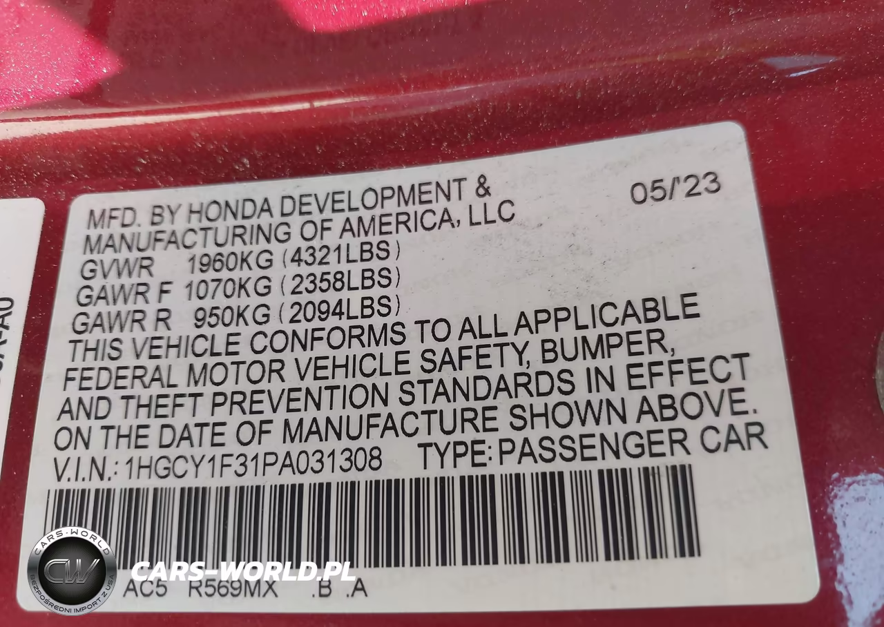 2023 Honda Accord Ex VIN:1HGCY1F31PA031308 - 9