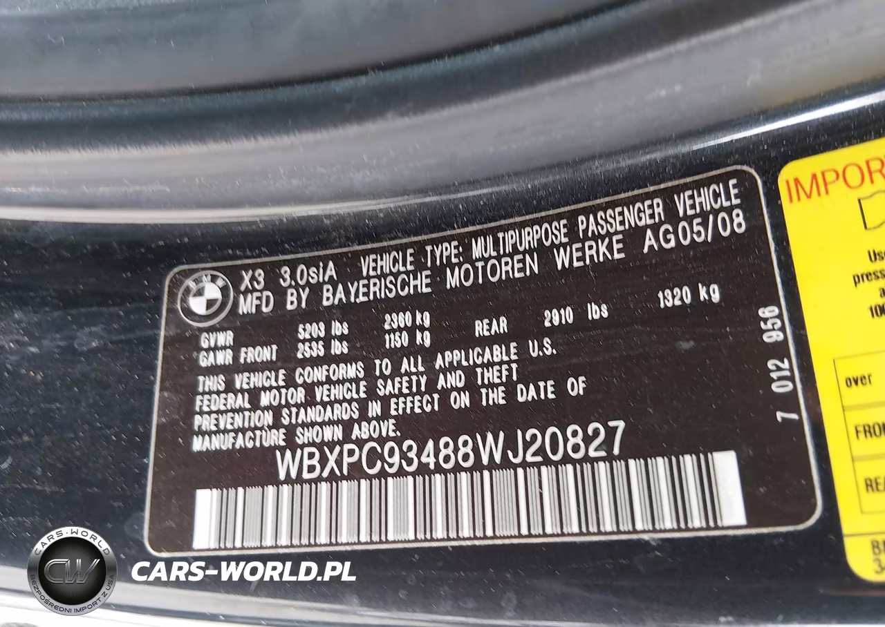 2008 BMW X3 3.0Si VIN:WBXPC93488WJ20827 - 9