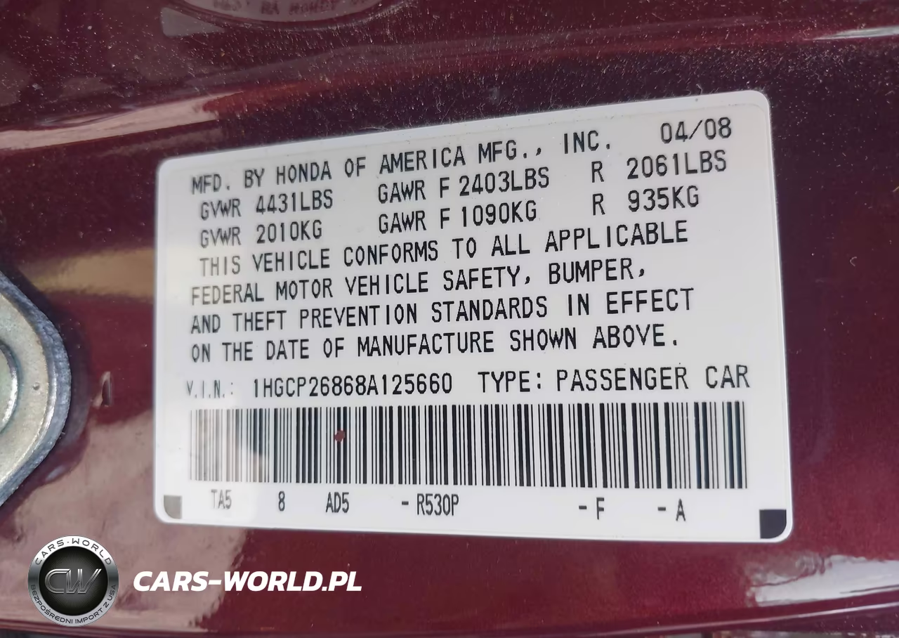 2008 Honda Accord 2.4 Ex-L VIN:1HGCP26868A125660 - 9