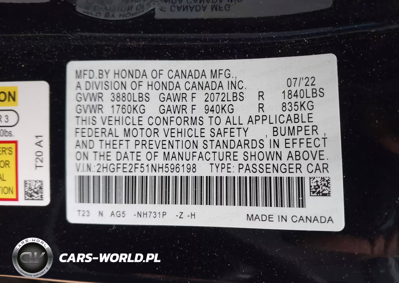 2022 Honda Civic Sport VIN:2HGFE2F51NH596198 - 9