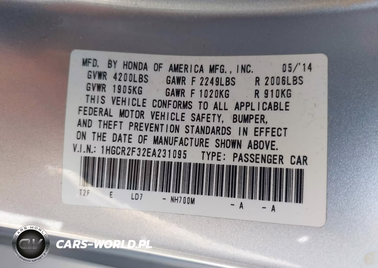2014 Honda Accord Lx VIN:1HGCR2F32EA231095 - 9