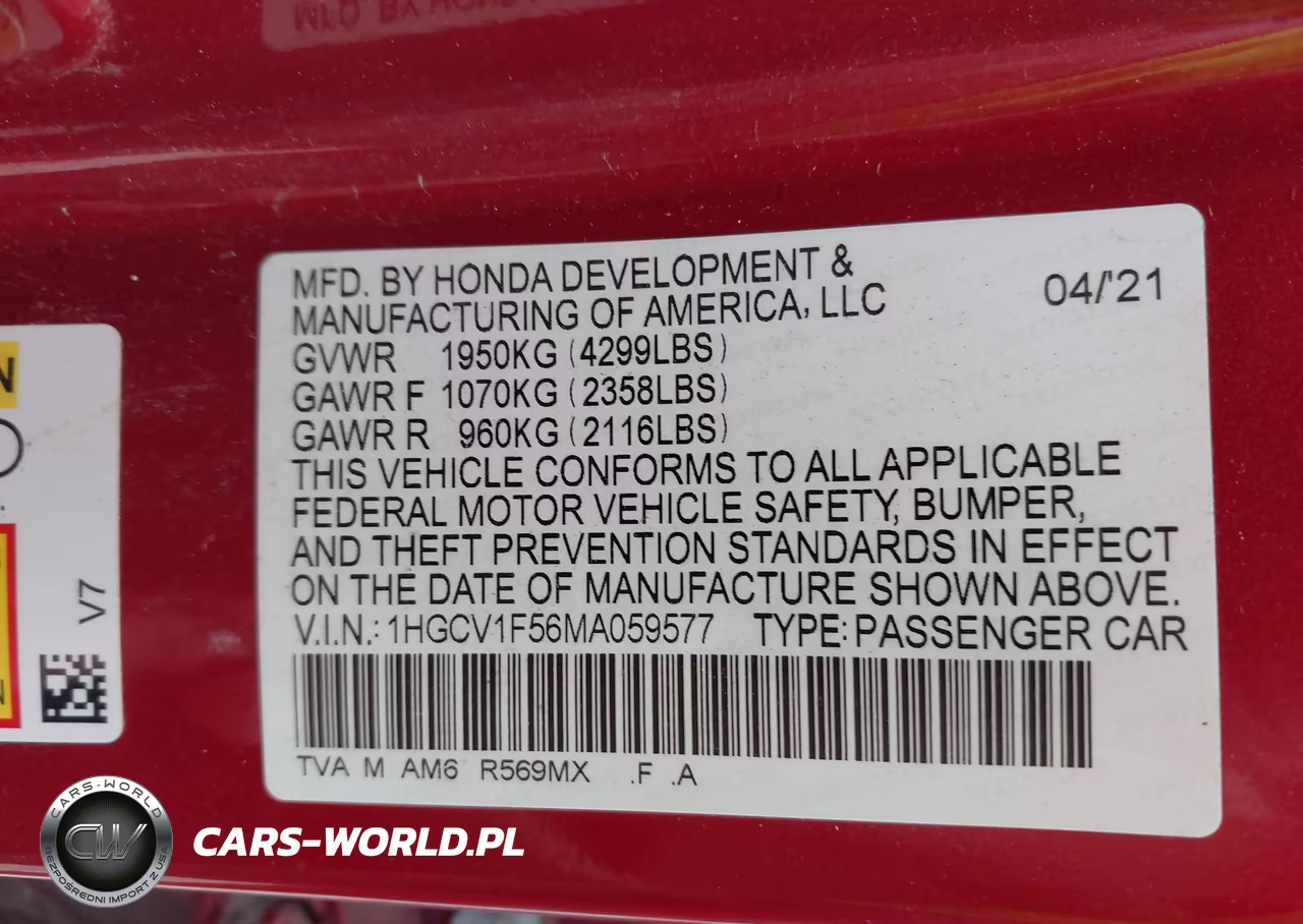 2021 Honda Accord Ex-L VIN:1HGCV1F56MA059577 - 9