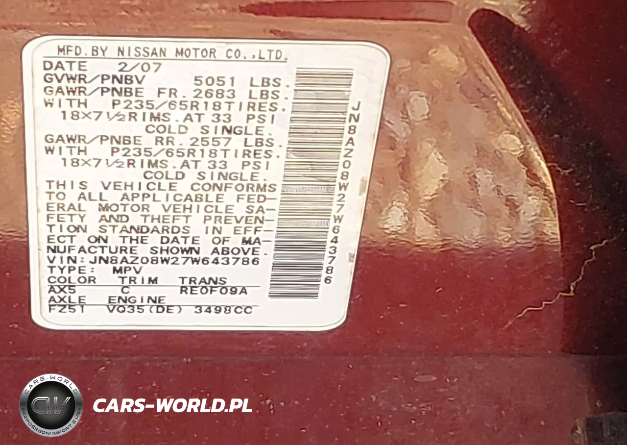 2007 Nissan Murano S VIN:JN8AZ08W27W643786 - 9