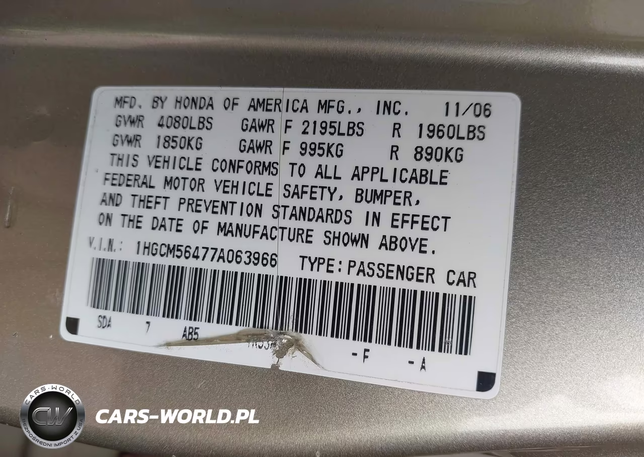 2007 Honda Accord 2.4 Lx VIN:1HGCM56477A063966 - 9