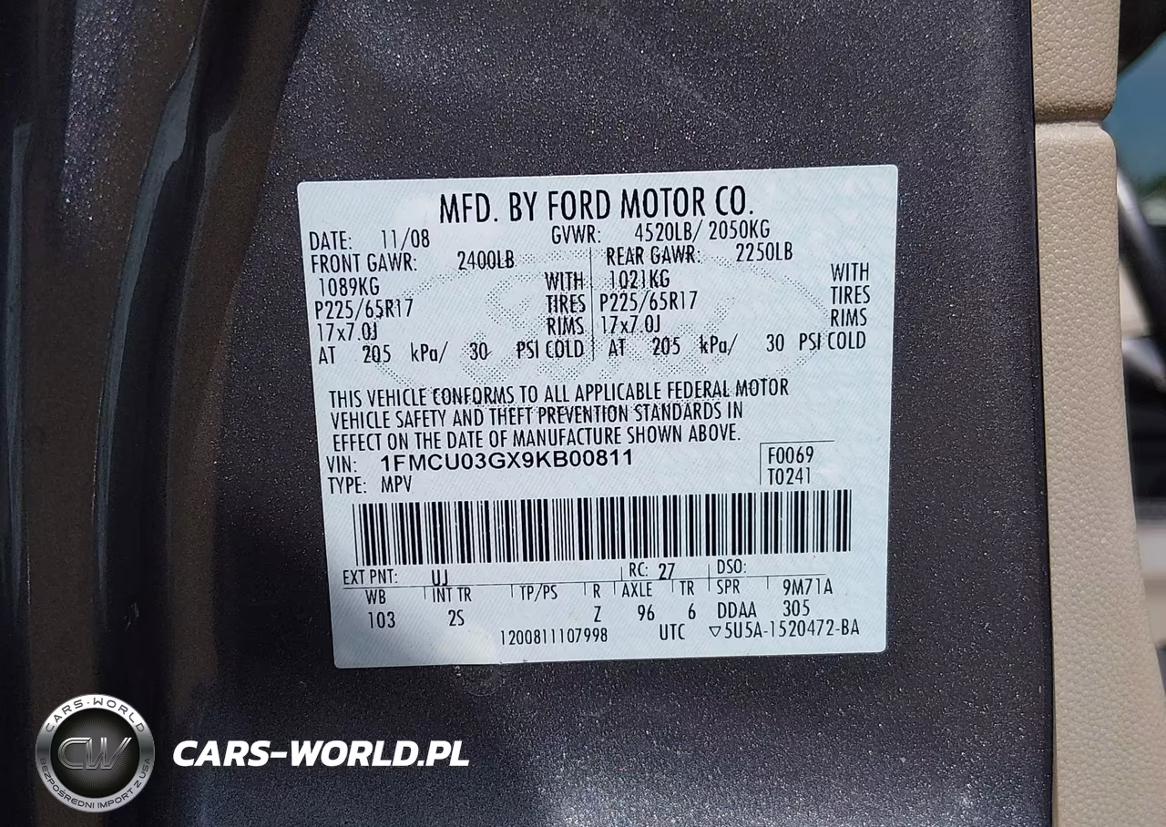 2009 Ford Escape Xlt VIN:1FMCU03GX9KB00811 - 9