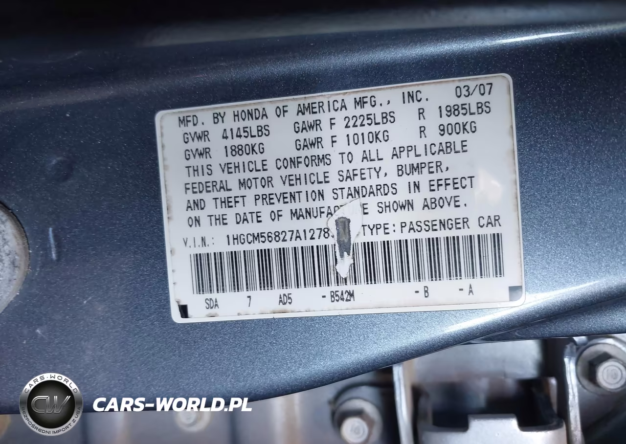 2007 Honda Accord 2.4 Ex VIN:1HGCM56827A127835 - 9