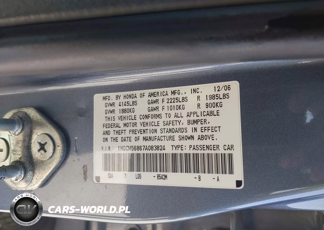 2007 Honda Accord 2.4 Ex VIN:1HGCM56867A083824 - 9