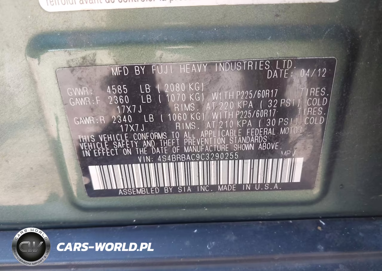 2012 Subaru Outback 2.5I VIN:4S4BRBAC9C3290255 - 9