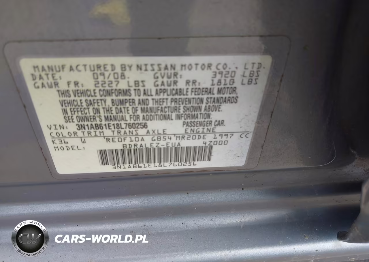 2008 Nissan Sentra 2.0S VIN:3N1AB61E18L760256 - 9