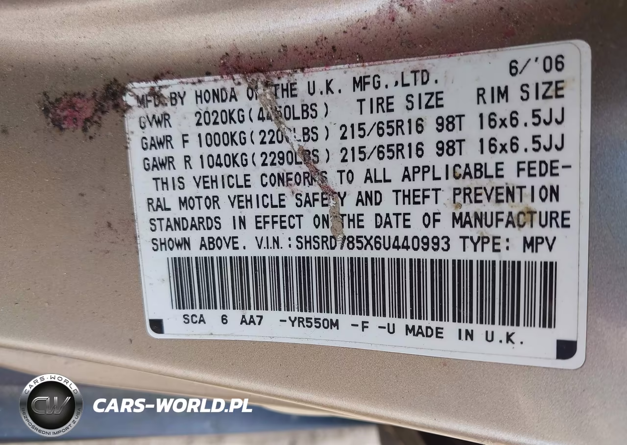 2006 Honda Cr-V Lx VIN:SHSRD785X6U440993 - 9