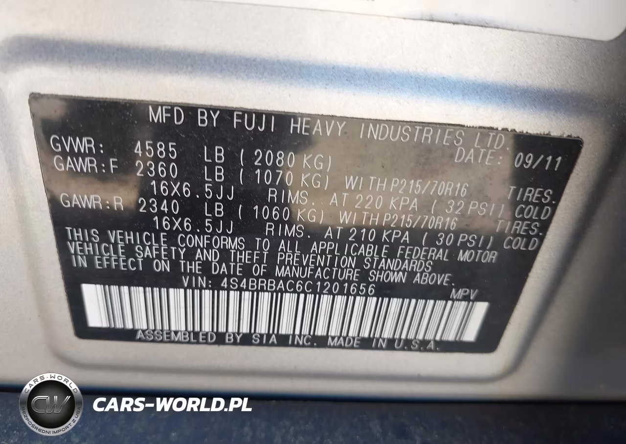 2012 Subaru Outback 2.5I VIN:4S4BRBAC6C1201656 - 9
