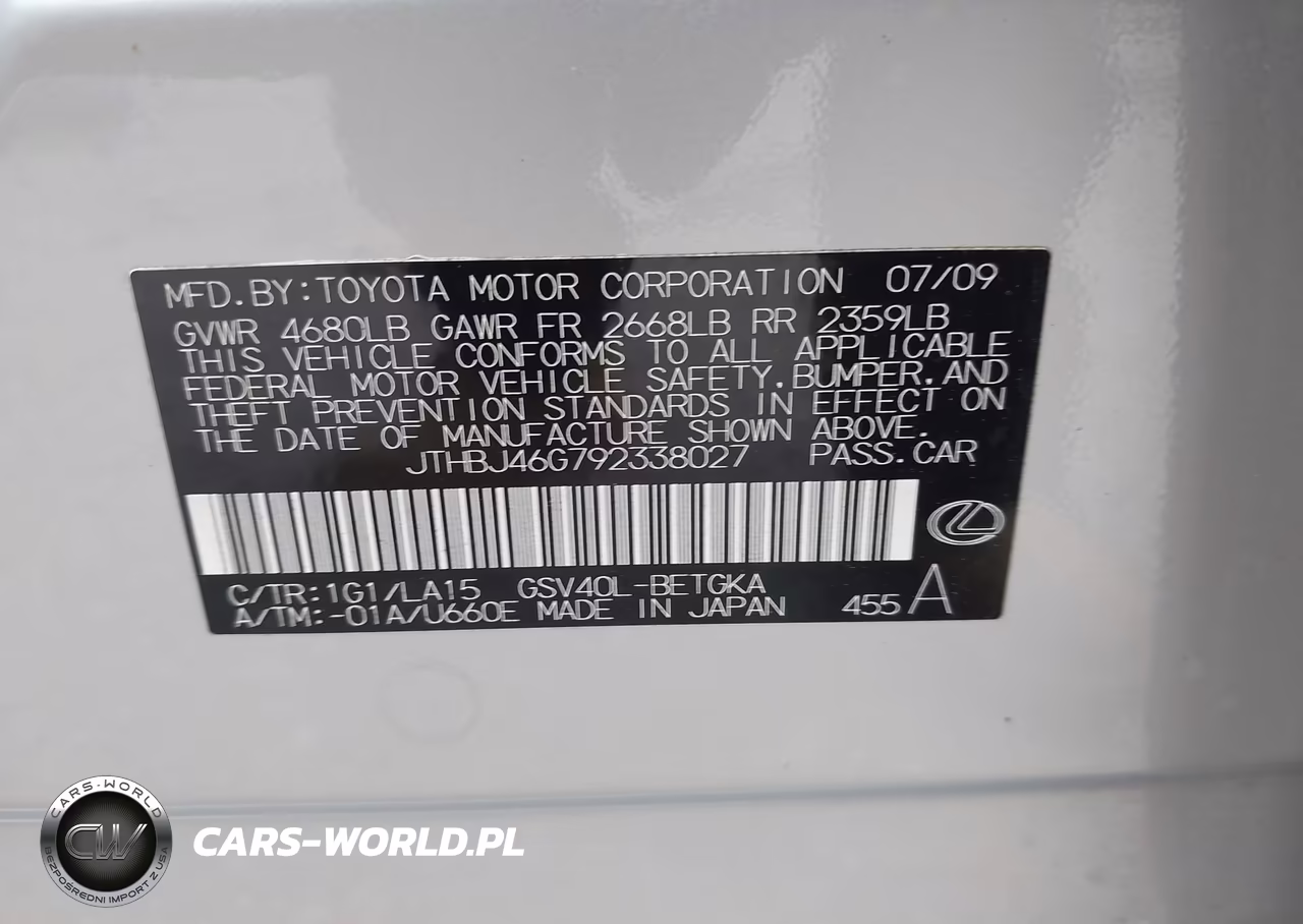 2009 Lexus Es 350 VIN:JTHBJ46G792338027 - 9