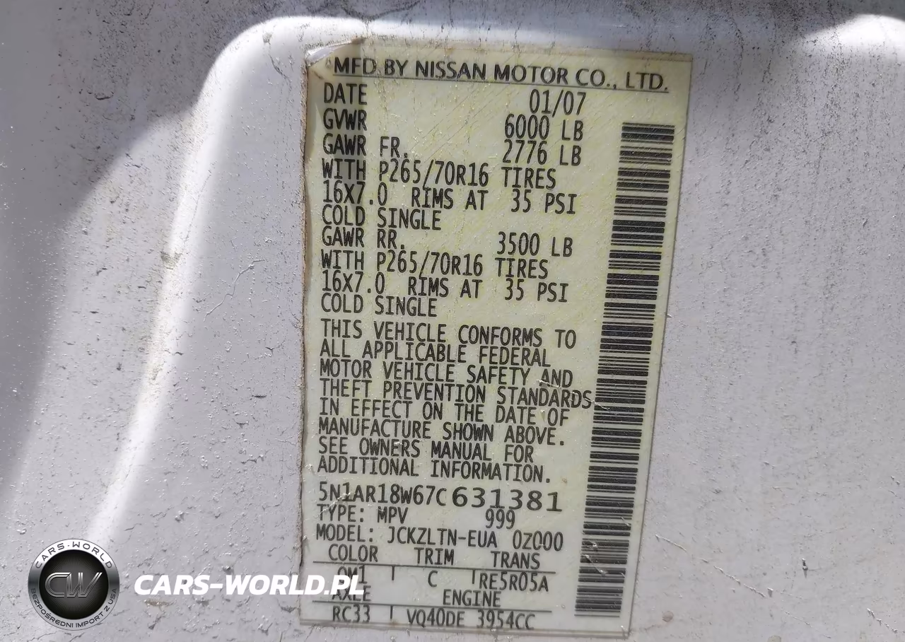 2007 Nissan Pathfinder Se VIN:5N1AR18W67C631381 - 9