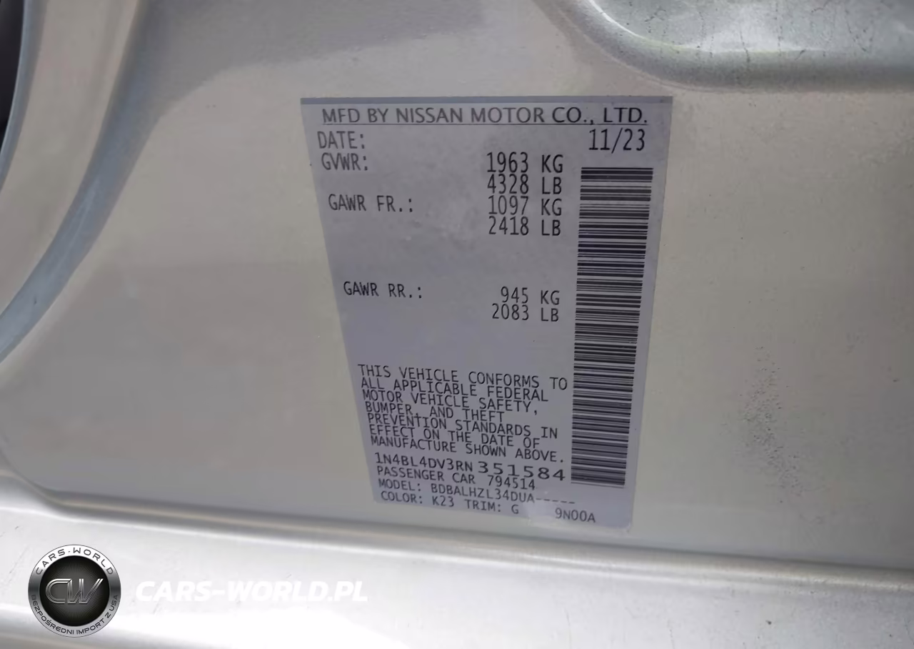 2024 Nissan Altima Sv Fwd VIN:1N4BL4DV3RN351584 - 9