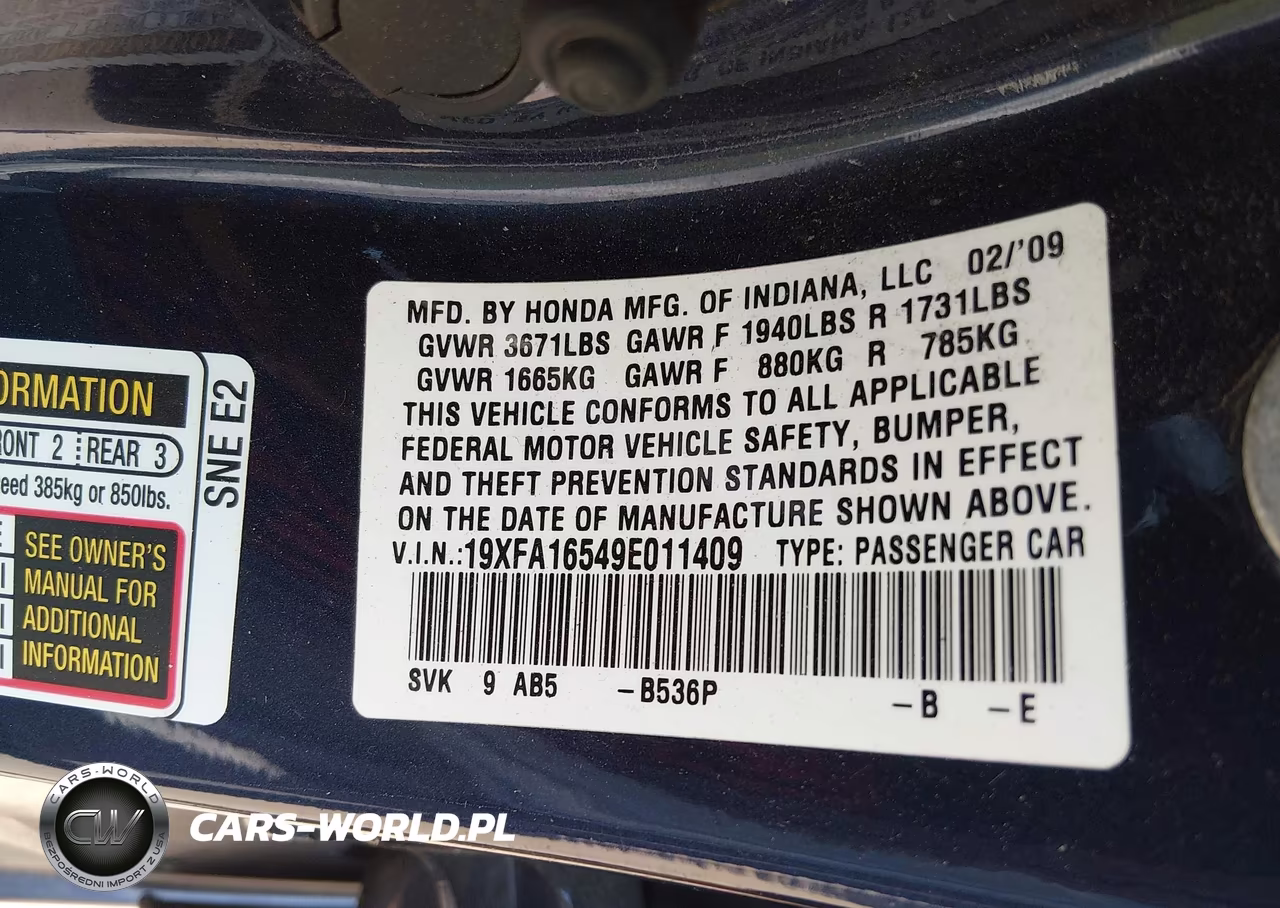 2009 Honda Civic Lx VIN:19XFA16549E011409 - 9