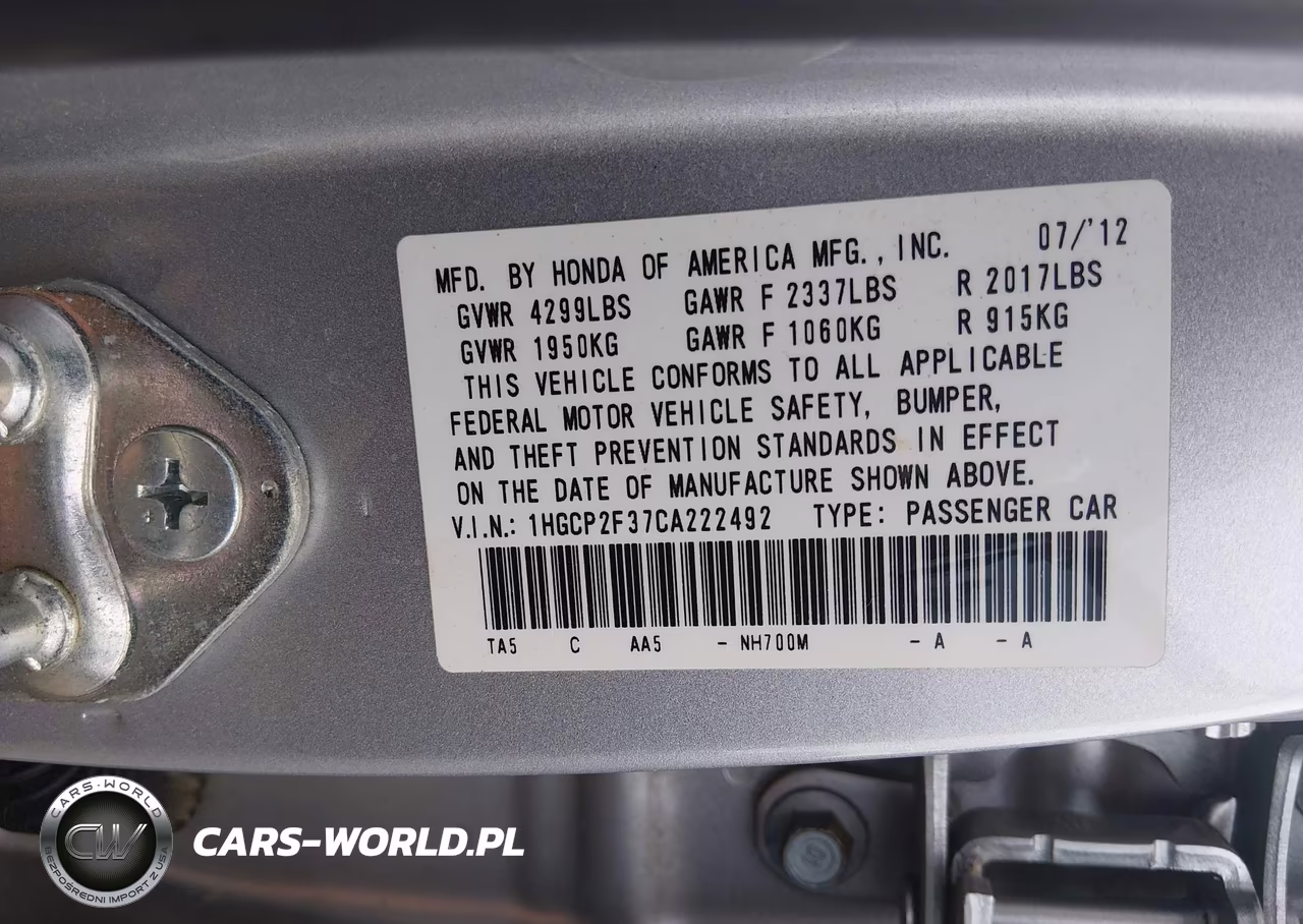 2012 Honda Accord 2.4 Lx VIN:1HGCP2F37CA222492 - 9