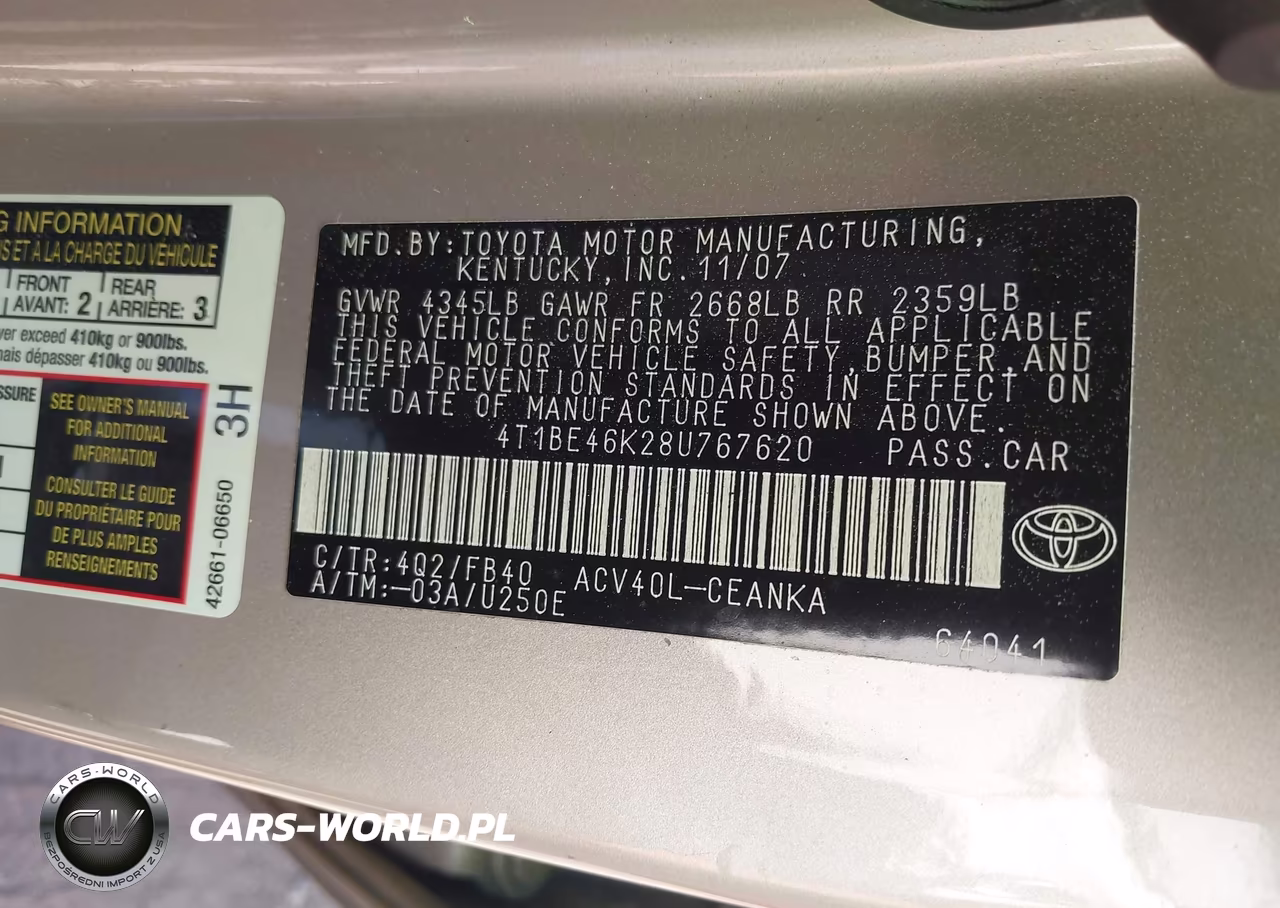 2008 Toyota Camry Le VIN:4T1BE46K28U767620 - 9