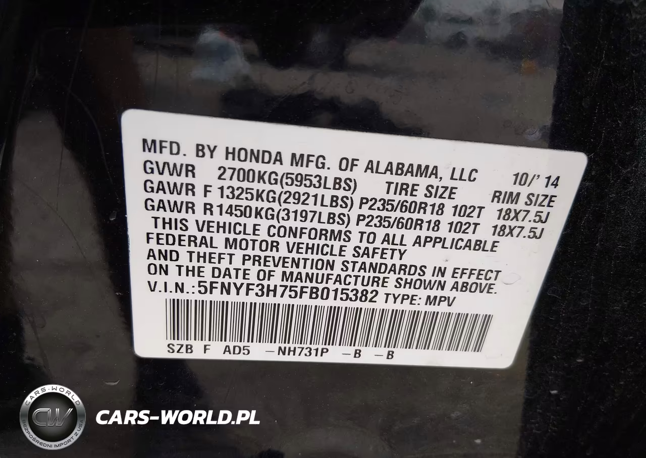 2015 Honda Pilot Ex-L VIN:5FNYF3H75FB015382 - 9