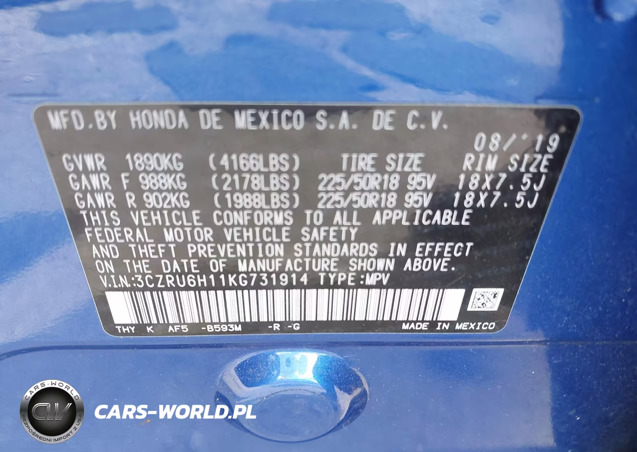 2019 Honda Hr-V Sport VIN:3CZRU6H11KG731914 - 9