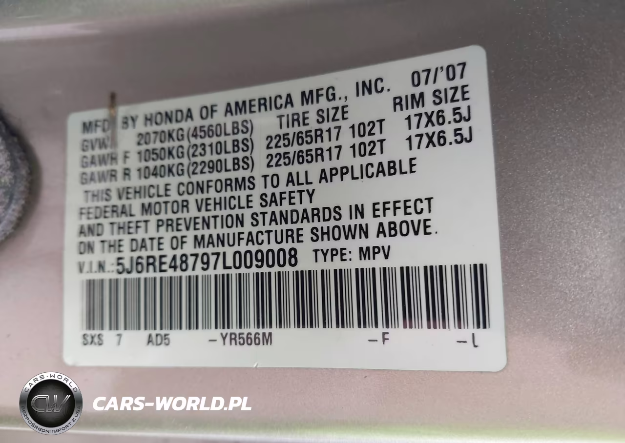 2007 Honda Cr-V Ex-L VIN:5J6RE48797L009008 - 9