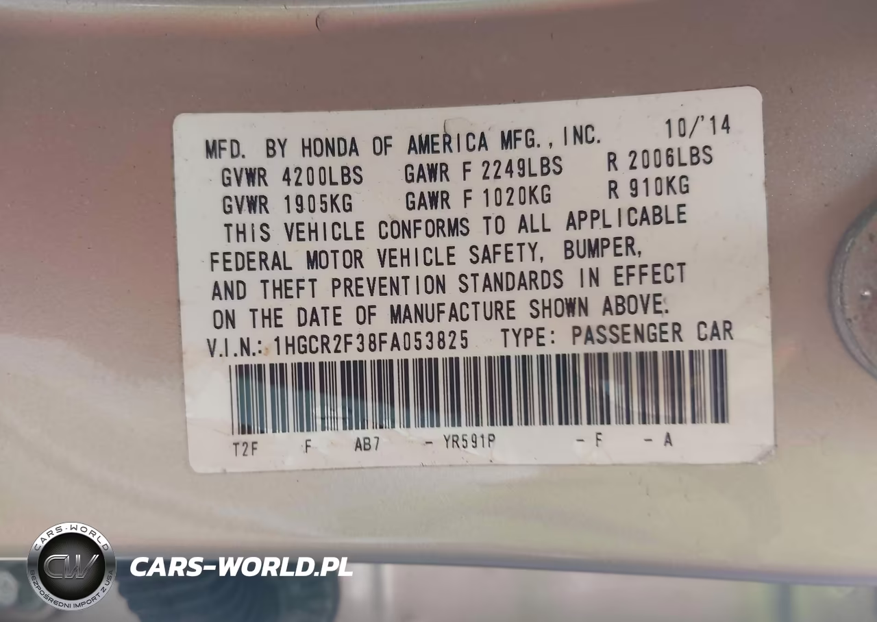2015 Honda Accord Lx VIN:1HGCR2F38FA053825 - 9
