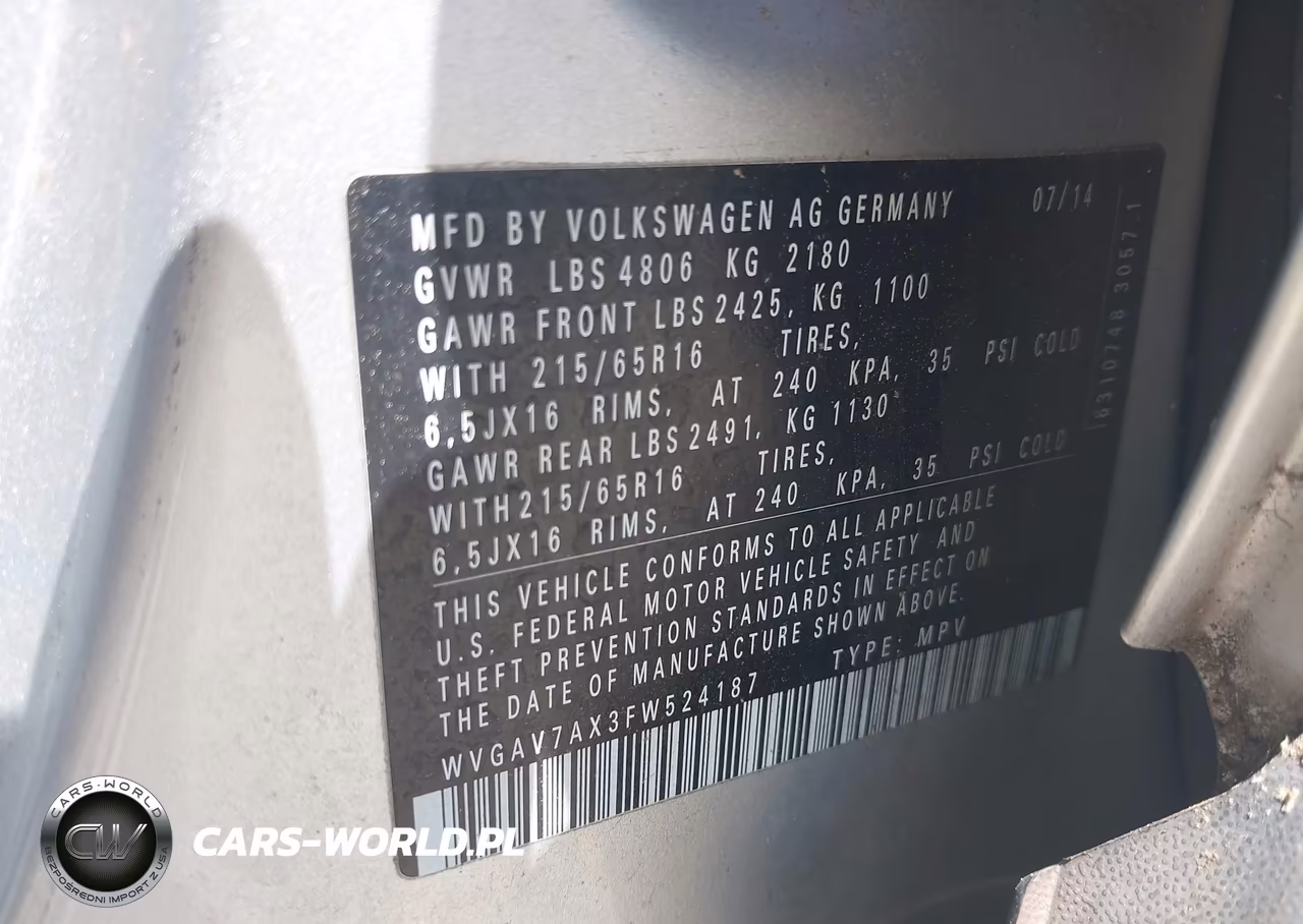 2015 Volkswagen Tiguan S VIN:WVGAV7AX3FW524187 - 9