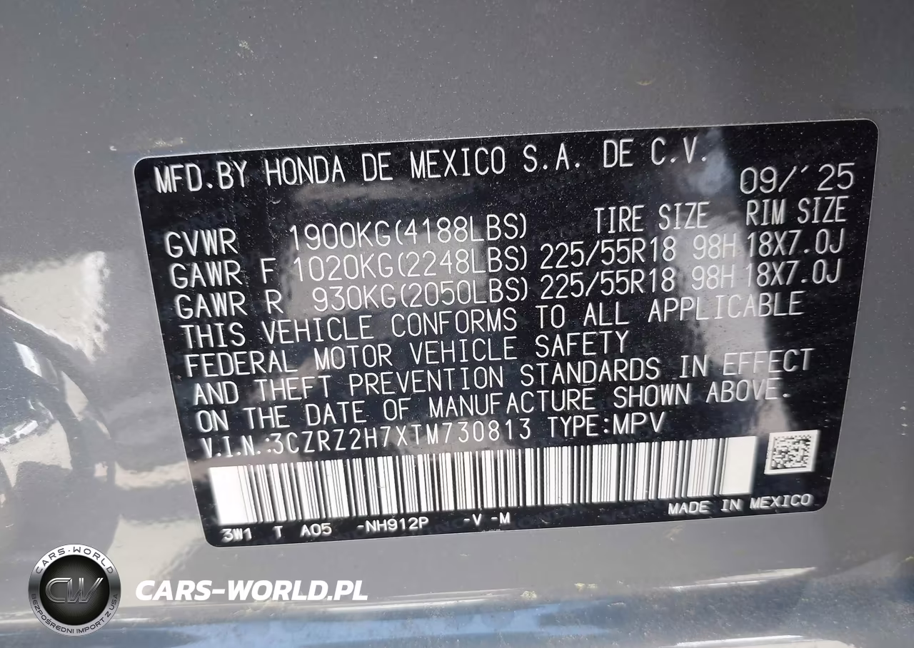 2026 Honda Hr-V Awd Ex-L VIN:3CZRZ2H7XTM730813 - 9