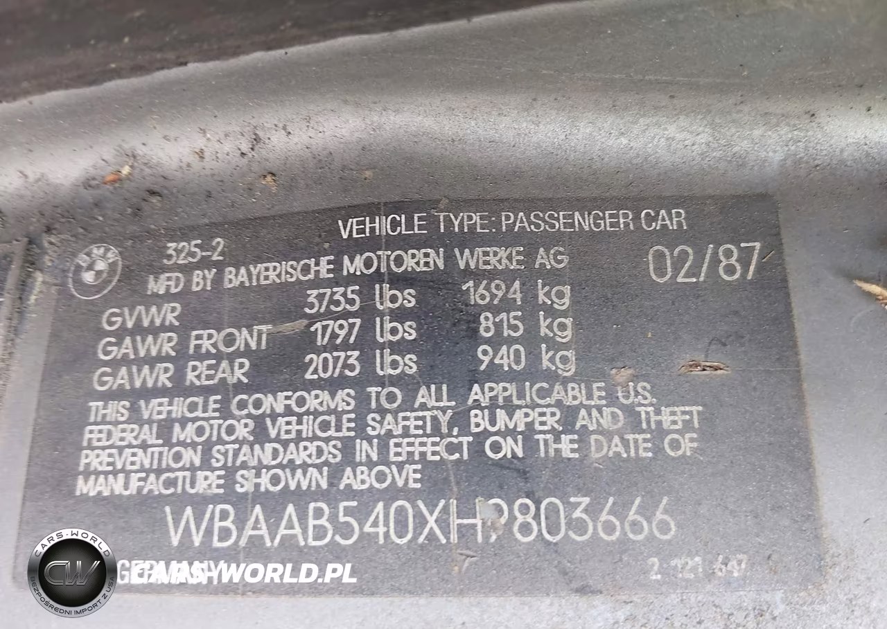 1987 BMW 325 E VIN:WBAAB540XH9803666 - 9