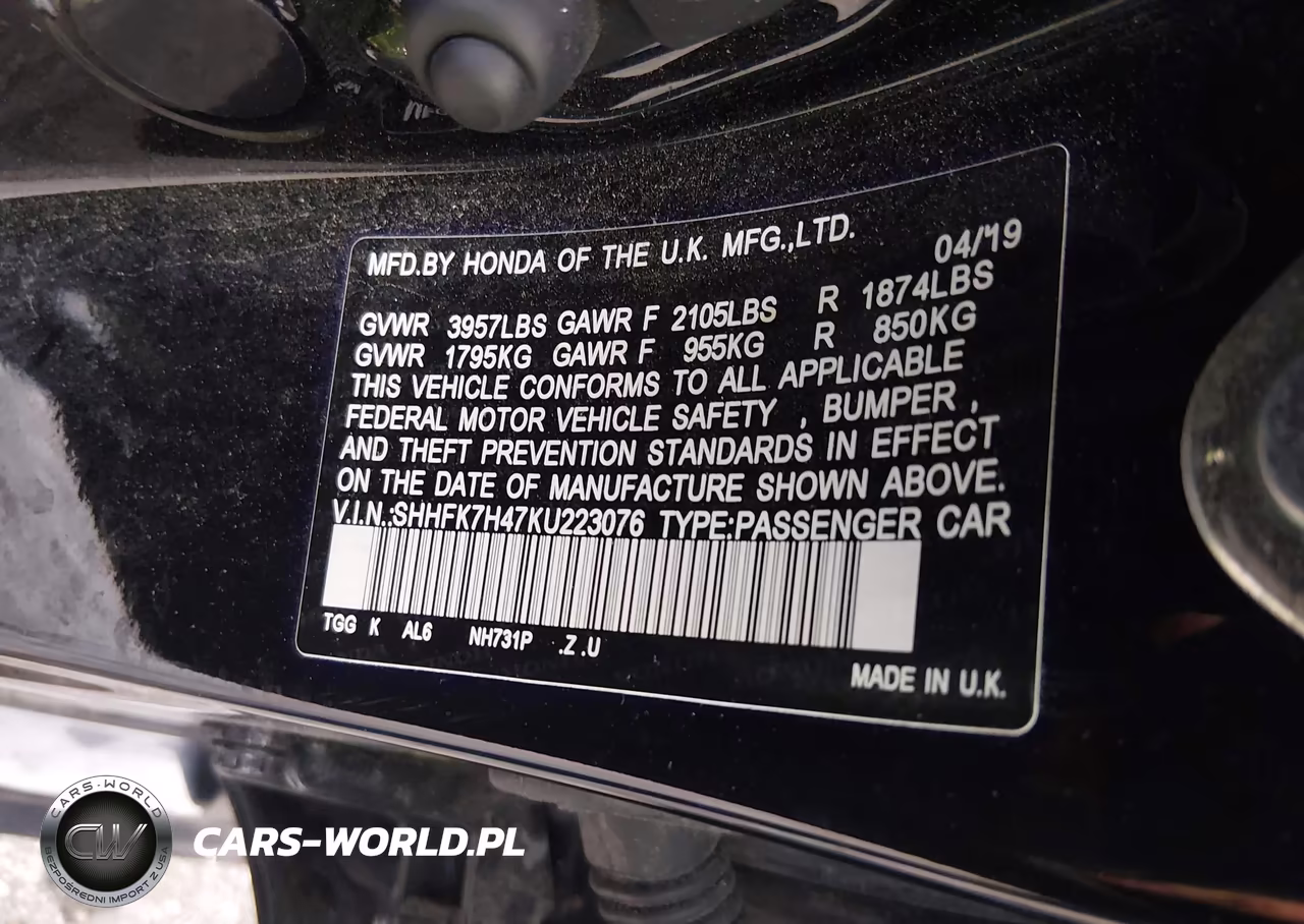 2019 Honda Civic Sport VIN:SHHFK7H47KU223076 - 9