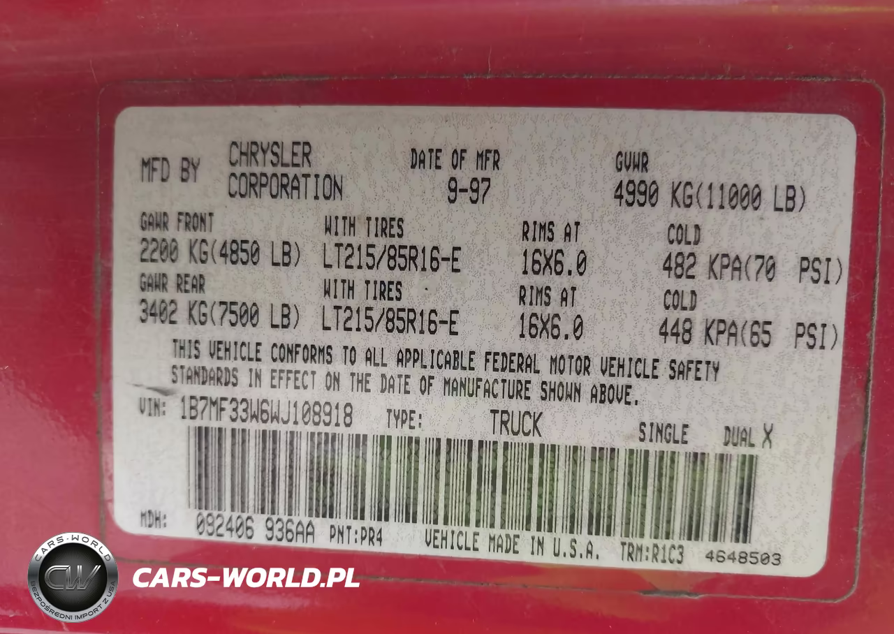 1998 Dodge Ram 3500 VIN:1B7MF33W6WJ108918 - 9