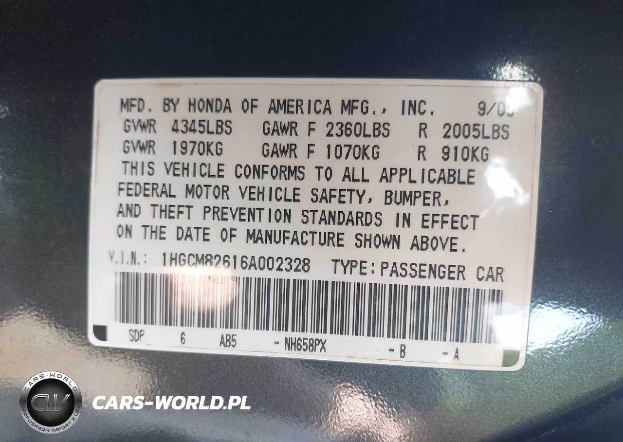 2006 Honda Accord 3.0 Ex VIN:1HGCM82616A002328 - 9