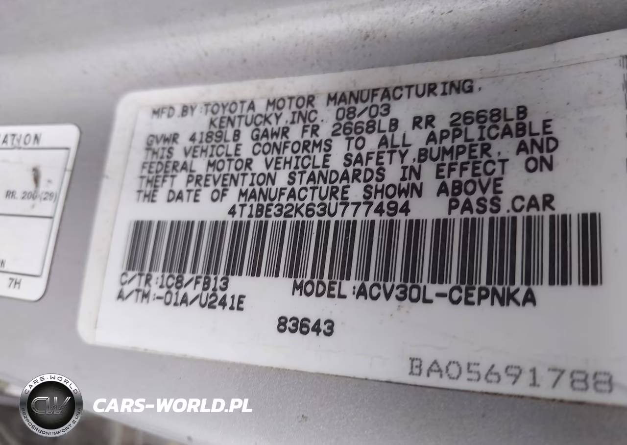 2003 Toyota Camry Le VIN:4T1BE32K63U777494 - 9