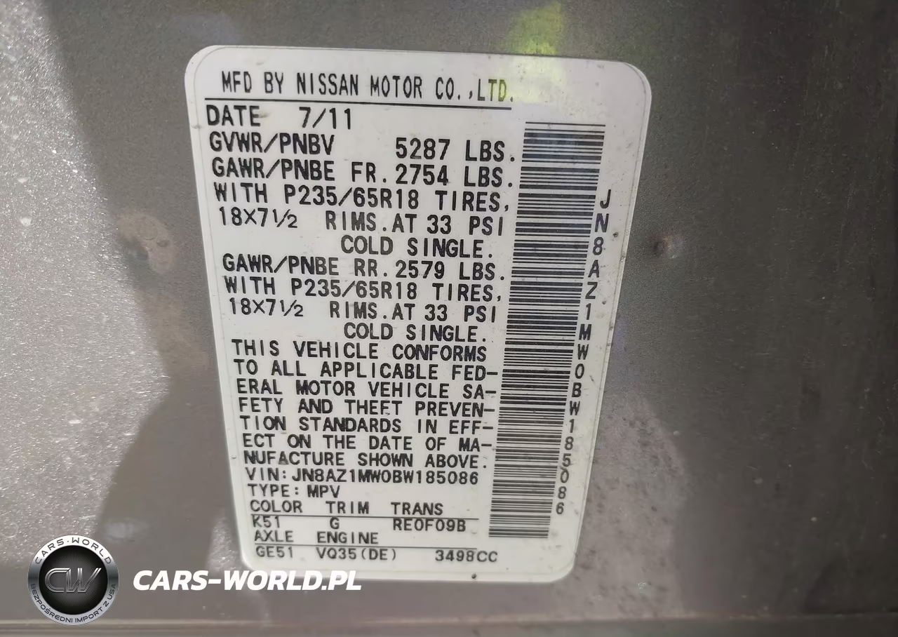 2011 Nissan Murano S VIN:JN8AZ1MW0BW185086 - 9