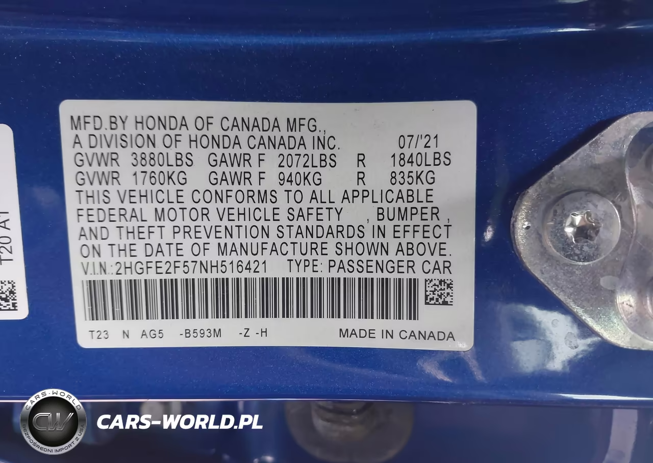 2022 Honda Civic Sport VIN:2HGFE2F57NH516421 - 9