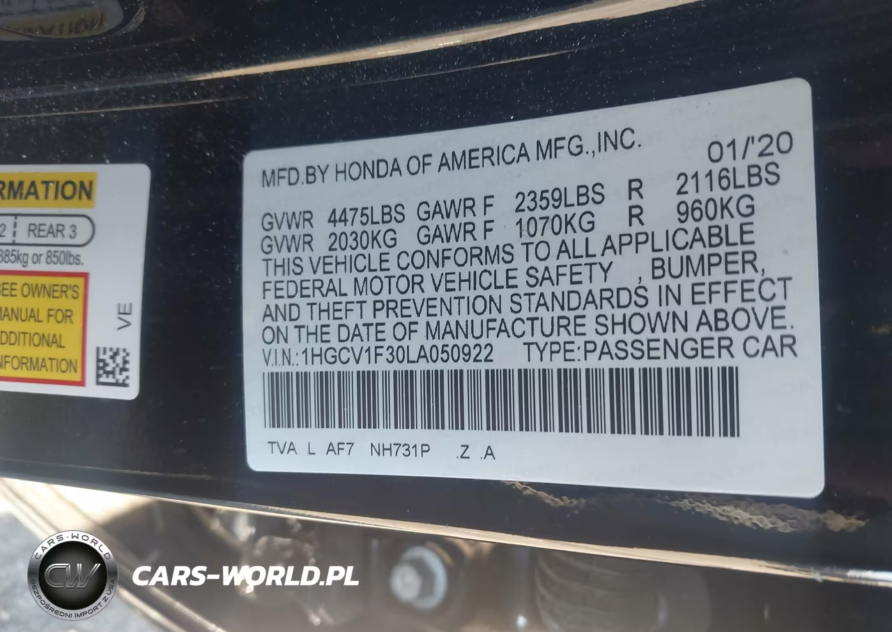 2020 Honda Accord Sport VIN:1HGCV1F30LA050922 - 9
