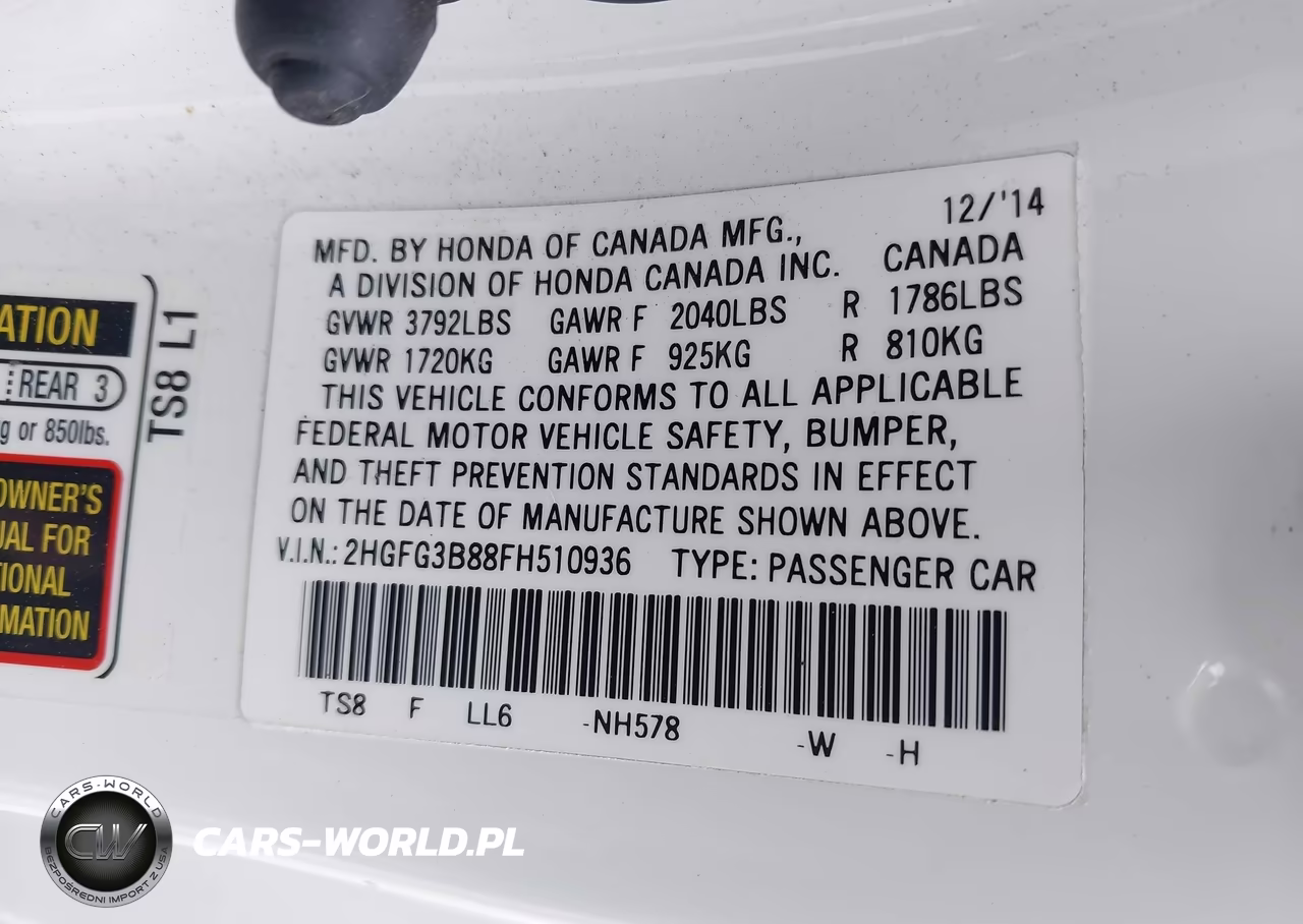 2015 Honda Civic Ex VIN:2HGFG3B88FH510936 - 9